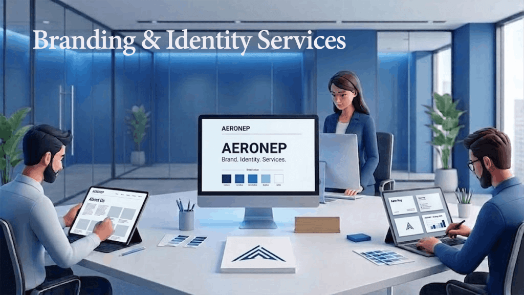 Professional branding and identity design team creating logos and brand materials in a modern office.