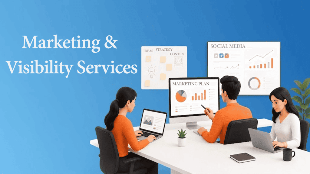 Digital marketing team working on online marketing and visibility strategy in office.